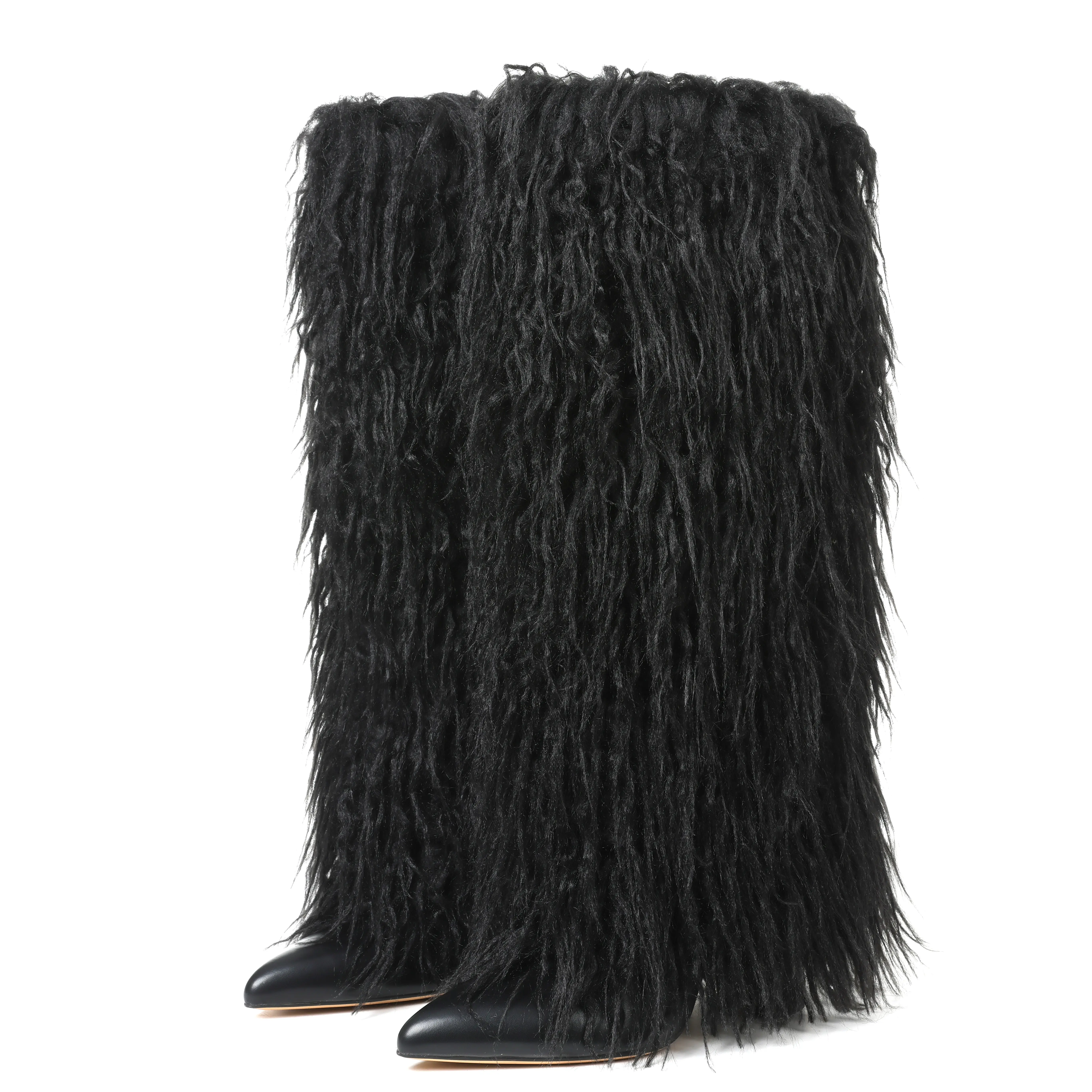 Womens Faux Fur Fluffy Knee High Boots Pointed Toe Chunky Block Heel Pull On Side Zipper Fashioanble Holiday Party Casual Comfortable Spring Winter Boot Deals For You Days