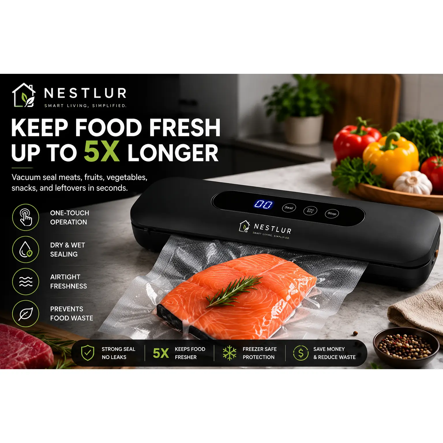 Nestlur™ FreshSeal Vacuum Food Sealer Machine | Keeps Food Fresh Up to 5X Longer
