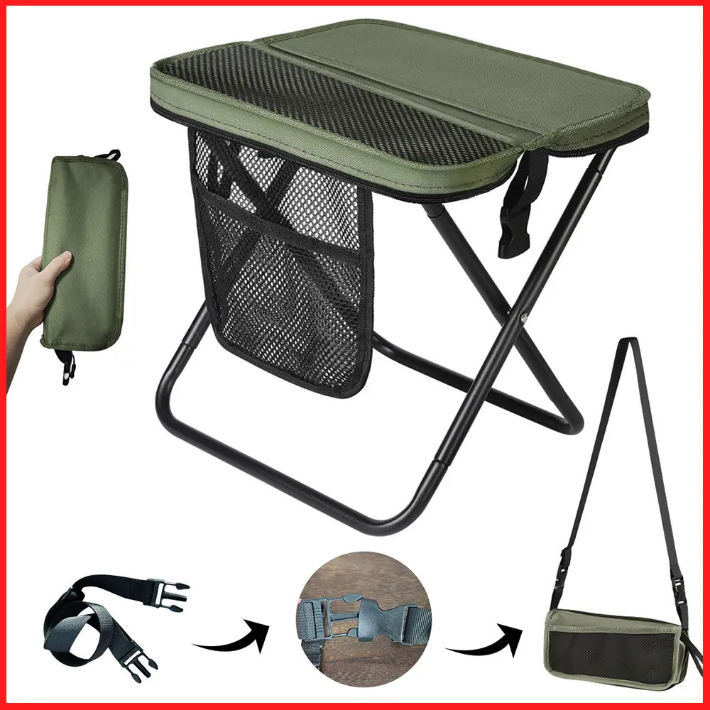 Lightweight Foldable Fishing Chair - 1.5lbs, 500lbs Load Capacity, Space-Saving Camping Furniture with Shoulder Strap, Side Pockets, Velcro Storage, Ideal for Camping, Gift for Outdoor Enthusiasts (Fishing Equipment)
