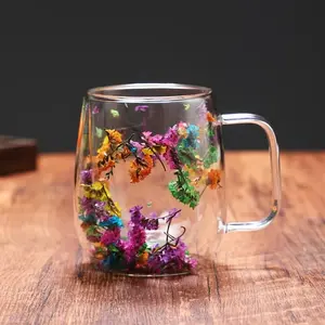 Double-Layer High Borosilicate Glass Cup, Double Walled Glass, Real Flower Dried Flower Design, Office Bar Home Use, Mark Coffee Mug, Elegant Drinkware