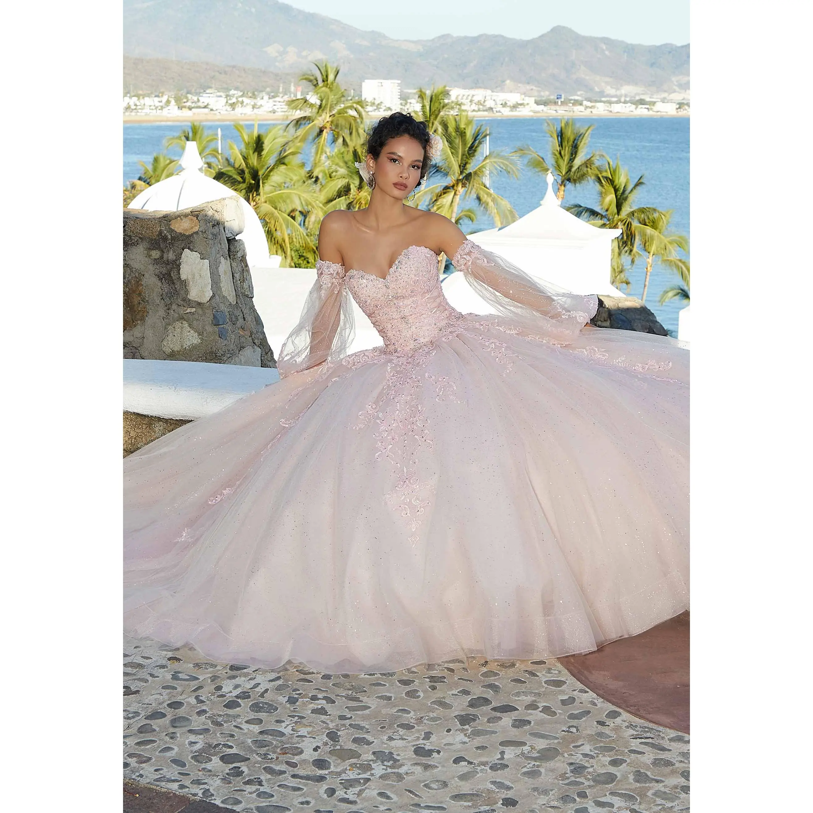 Morilee 89359 Ball Corset Quinceañera Gown with Rhinestone Beaded Lace Appliqués & Bishop Sleeves Matching Stole Included