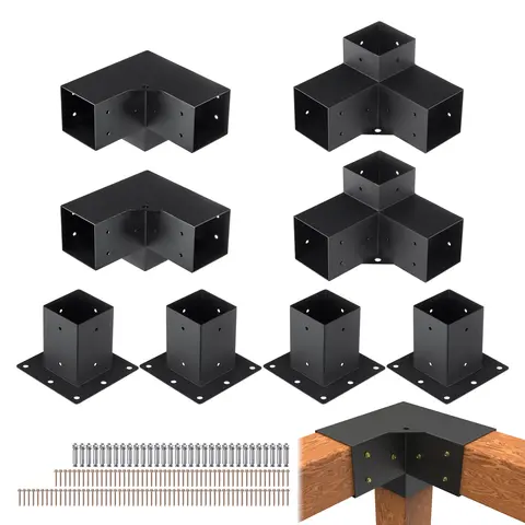 VEVOR 4"x4" Pergola Bracket Kit, 4 Pcs 3-Way Heavy-Duty Corrosion-Resistant Carbon Steel Corner Mounts, Rain-Shedding Base with Drain Holes Protect, 16 Stainless Expansion Screws, 2 Base Plates & Full Accessories for Garden Patio Deck