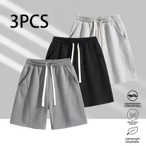 3-Pack Men’s Solid Color Casual Shorts Summer Drawstring Bermuda Shorts Breathable Comfortable Straight-Leg Athletic Shorts Menswear Beige Plain