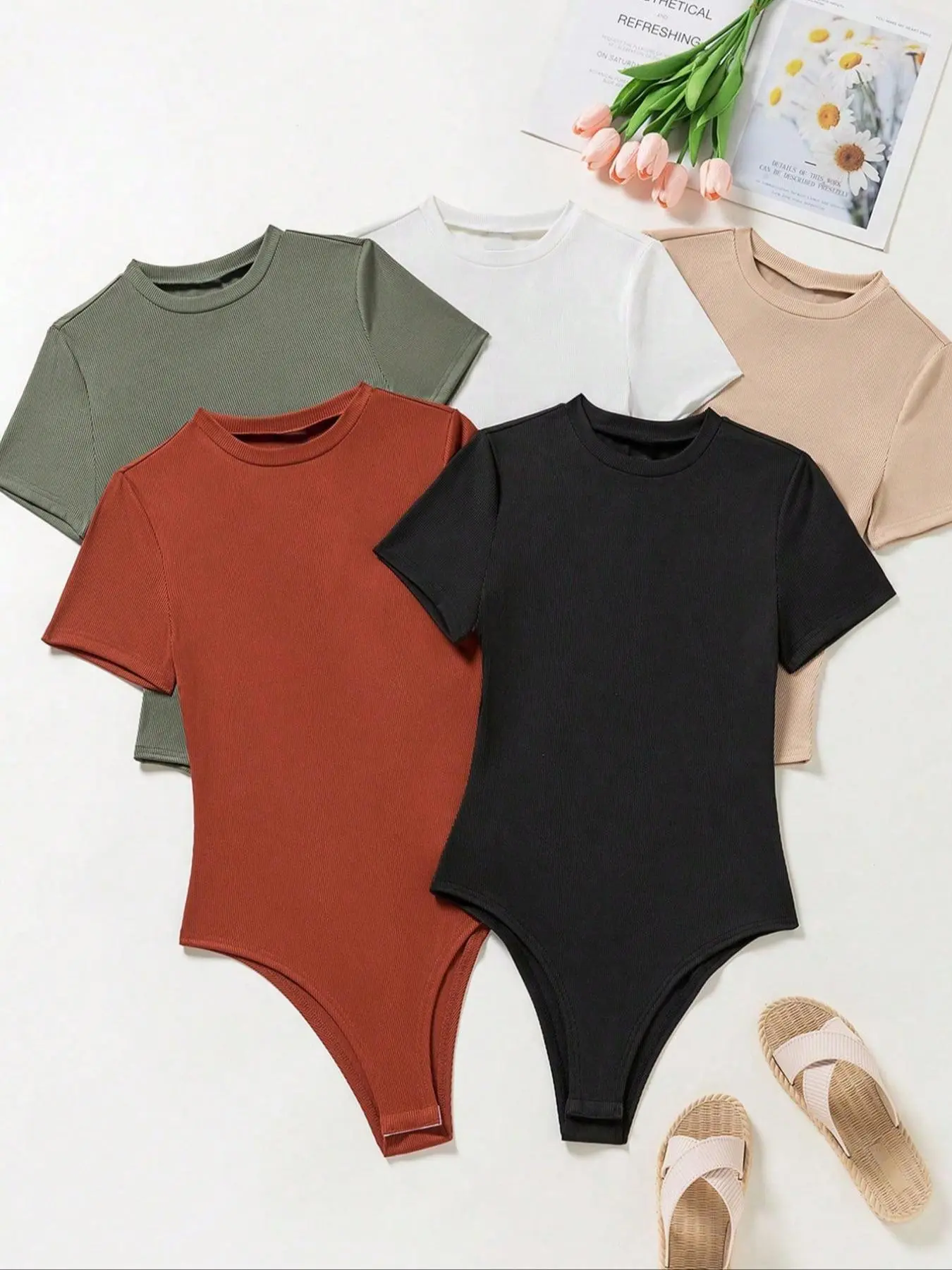 Women's Solid Ribbed Round Neck Bodysuit, Basic Casual Comfy Breathable Short Sleeve Bodysuit for Daily Wear, Ladies Clothes for All Seasons, Womenswear
