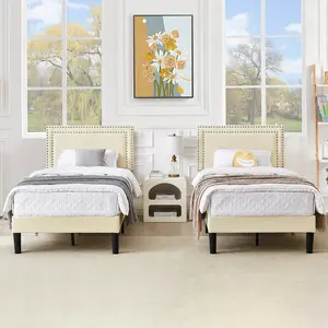 VECELO Set of 2 Twin Size Bed Size with Upholstered Velvet Headboard and Footboard Wooden Slat Support Platform Bed Frame No Box Spring Needed