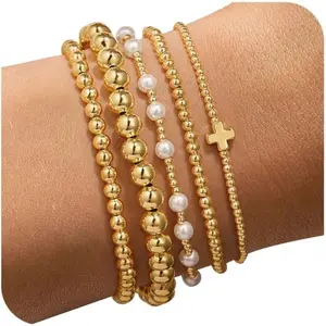 New Model Easter Gifts Basket Stuffers Easter Gold Bracelet - 14k Gold Plated Beaded Bracelets Set for Women Dainty Round Bead Ball Pearl Cross Bracelet Stack for Women Teenage Girl Jewelry Charm Holiday