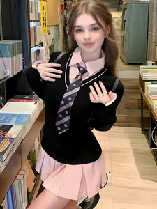 Vintage College Style Role Play Costume Set, Colorblock Two-Piece Dress + Tie Student Uniform, Perfect for Graduation Photos Parties Clubs