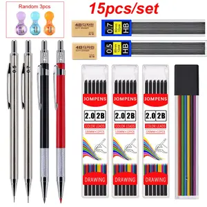 15pcs/set creative metal Art mechanical pencil set, replaceable lead, 0.5mm+0.7mm+2.0mm automatic pencils, used for school office painting, sketching, writing supplies, stationery, Art Materials, Drawing Pencils Set