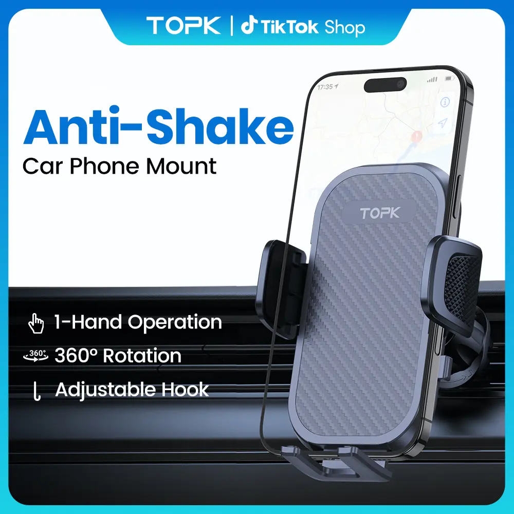 TOPK D42G Car Phone Holder Mount - Portable Car Clip with Upgraded Stainless Steel Hook Vent Clip, Anti-Shake Hands-Free Cradle for iPhone 16 15 14 Pro Max, Samsung & All Smartphones (Mobile Phone Holders & Mounts), Phone Holder For Car