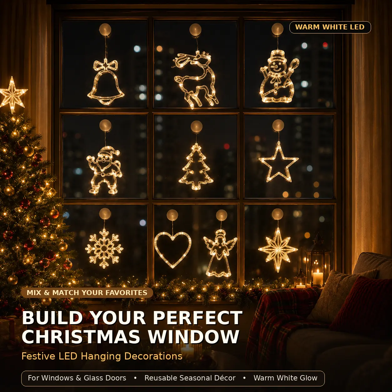 Warm White Christmas LED Window Lights with Suction Cups, Hanging Christmas Decorations for Bedroom, Living Room Indoor Recreation Use