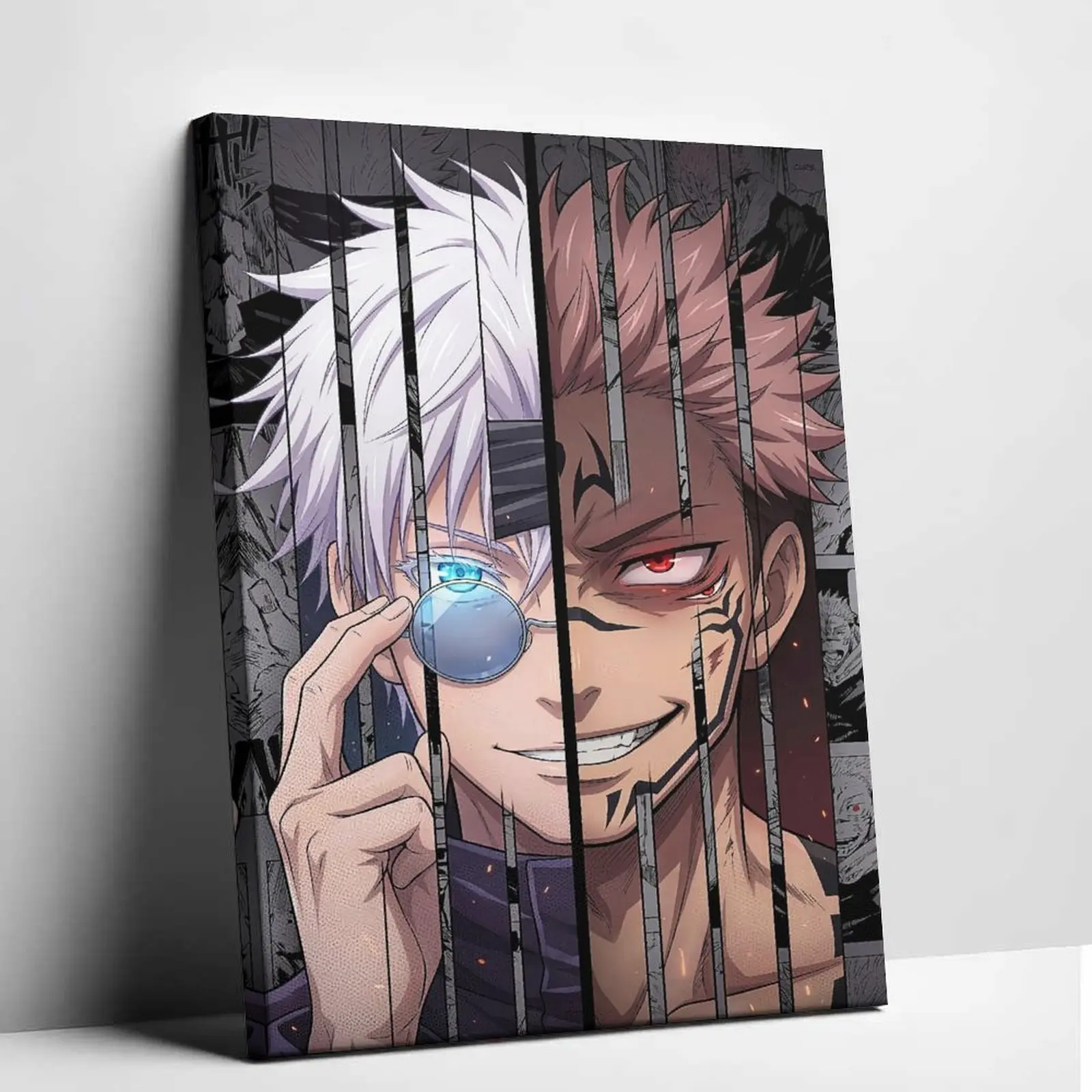 Japanese Anime JJK Gojo vs Sukuna Split Face Unframed Canvas Print, Home Decor Artwork for Boys' Anime Room Decorations