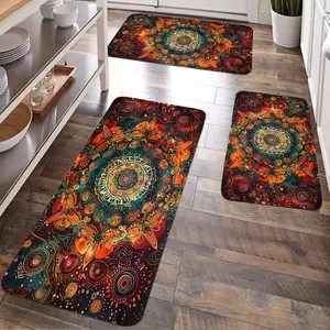 JIT 2/3pcs kitchen flannel material Bohemian design carpet set, Boho Kitchen Rug, flannel bedside set floor mat anti-slip washable carpet, suitable for kitchen, laundry room