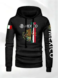Men's Waffle Texture Knit Long Sleeve Hoodie Sweatshirts with Mexican Letter Print, Comfortable Casual Streetwear for Daily Wear and Outdoor Activities