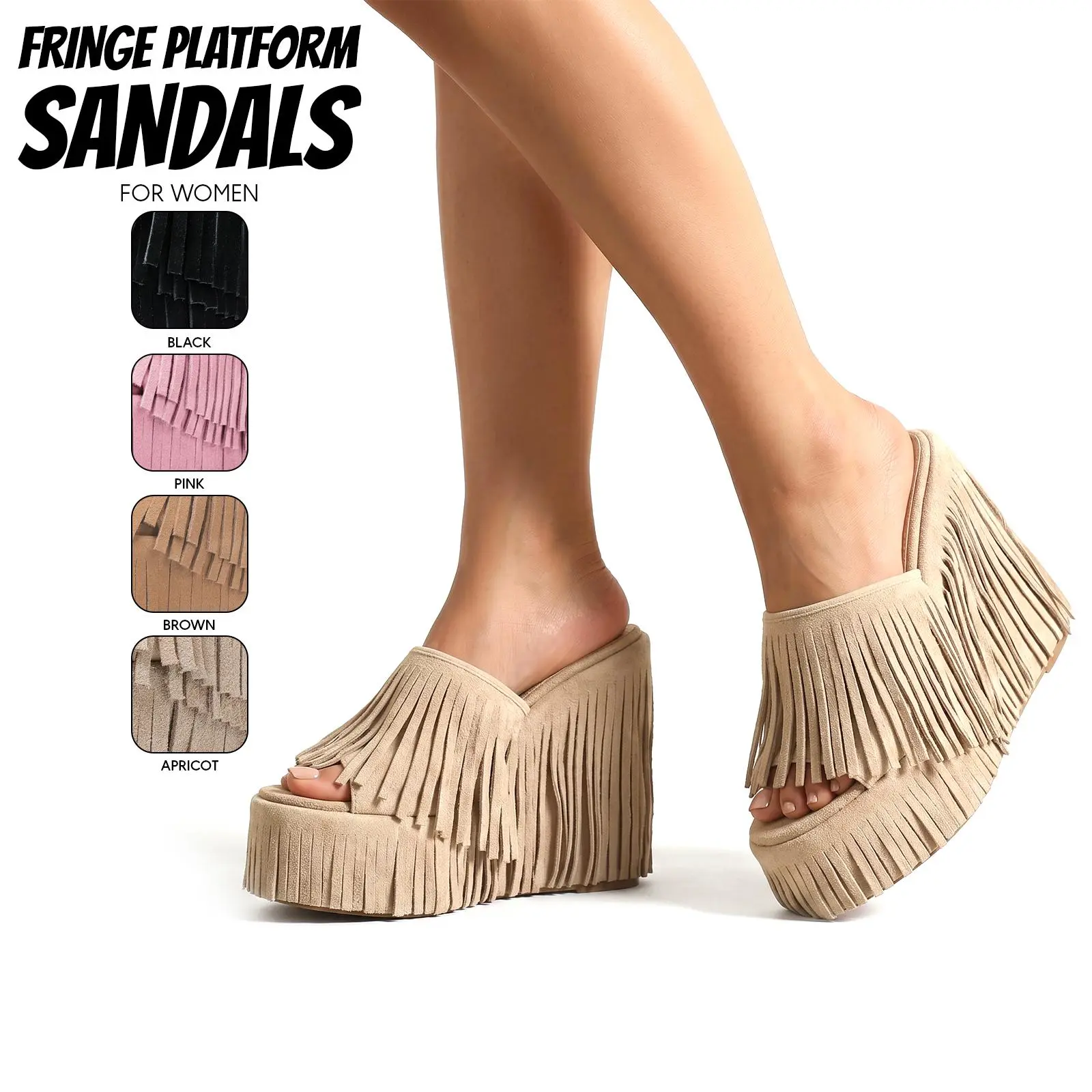 Fringe Platform Sandals For Women Open Round Toe Tassel High Heels Easy Slip on Wedge Heeled Suede Slides Work Casual Spring Summer Footwear Party Boho Cowboy Style Dressy Cute Girl Trending Shoes