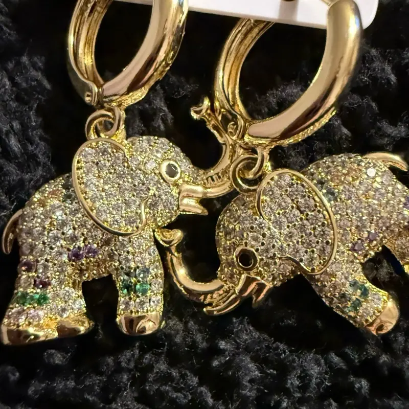Beautiful Elephant Drop Earrings Filled with Cubic Zirconia 14k Gold Plated Sparkling Jewelry for Women
