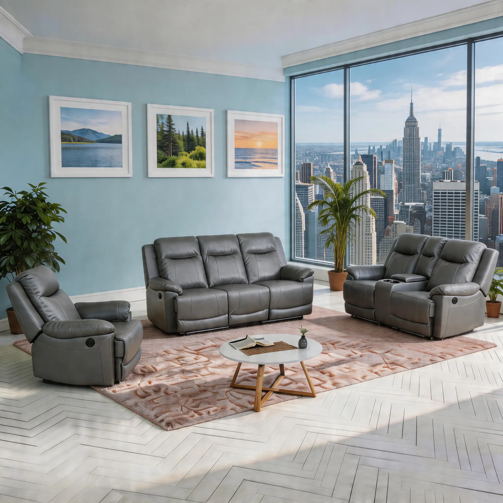 A Ainehome Deep Gray Breathing Leather 3-Piece Recliner Sofa Set with Adjustable Backrest for Comfortable Seating and Stylish Design in Living Room furniture Modern davenport