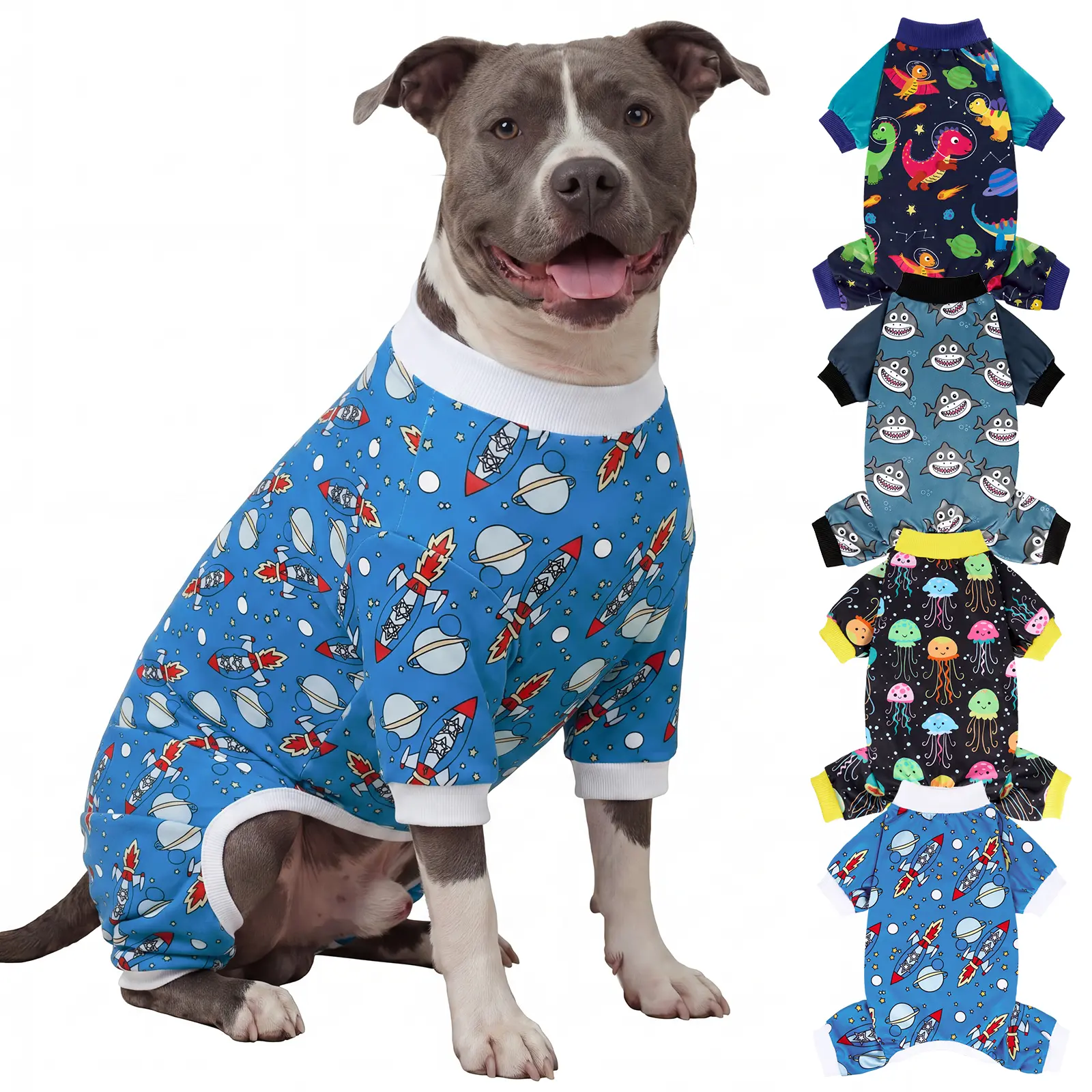 XPUDAC 4-Pack Soft Fabric Dog Shirts, Easy On/Off Universal Fit with Unique Animal & Cartoon Prints (Jellyfish, Rocket, Dinosaur, Shark), Warmth Pet Clothes for Home Wear & Parties