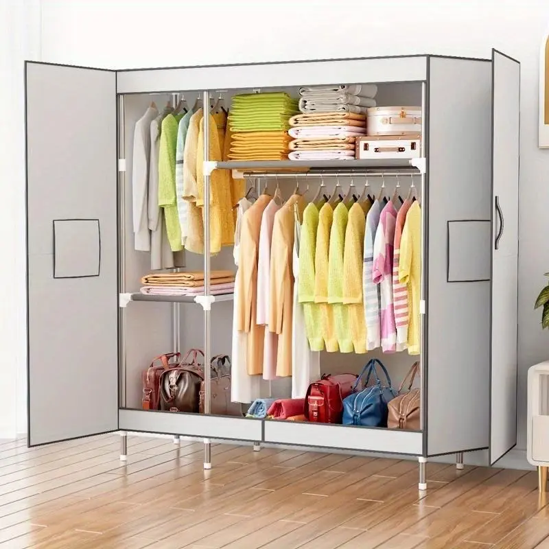 Simple Magnetic Suction Double-Door Wardrobe - 19mm Steel Pipe, Thickened Magnetic Panels, Large Capacity, Strong Load-Bearing, Raised Skirting Board, Mixed Color - Suitable for Bedrooms, Rental Rooms