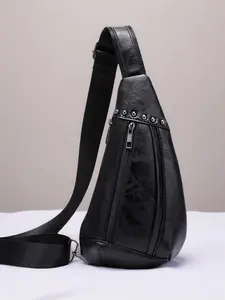 Women's Crossbody Bag, Retro Motorcycle Style Studded Chest Bag, Multi-Zip Compartment Design, Dark Style Trendy Shoulder/Crossbody Bag, Fashionable Crossbody Bag