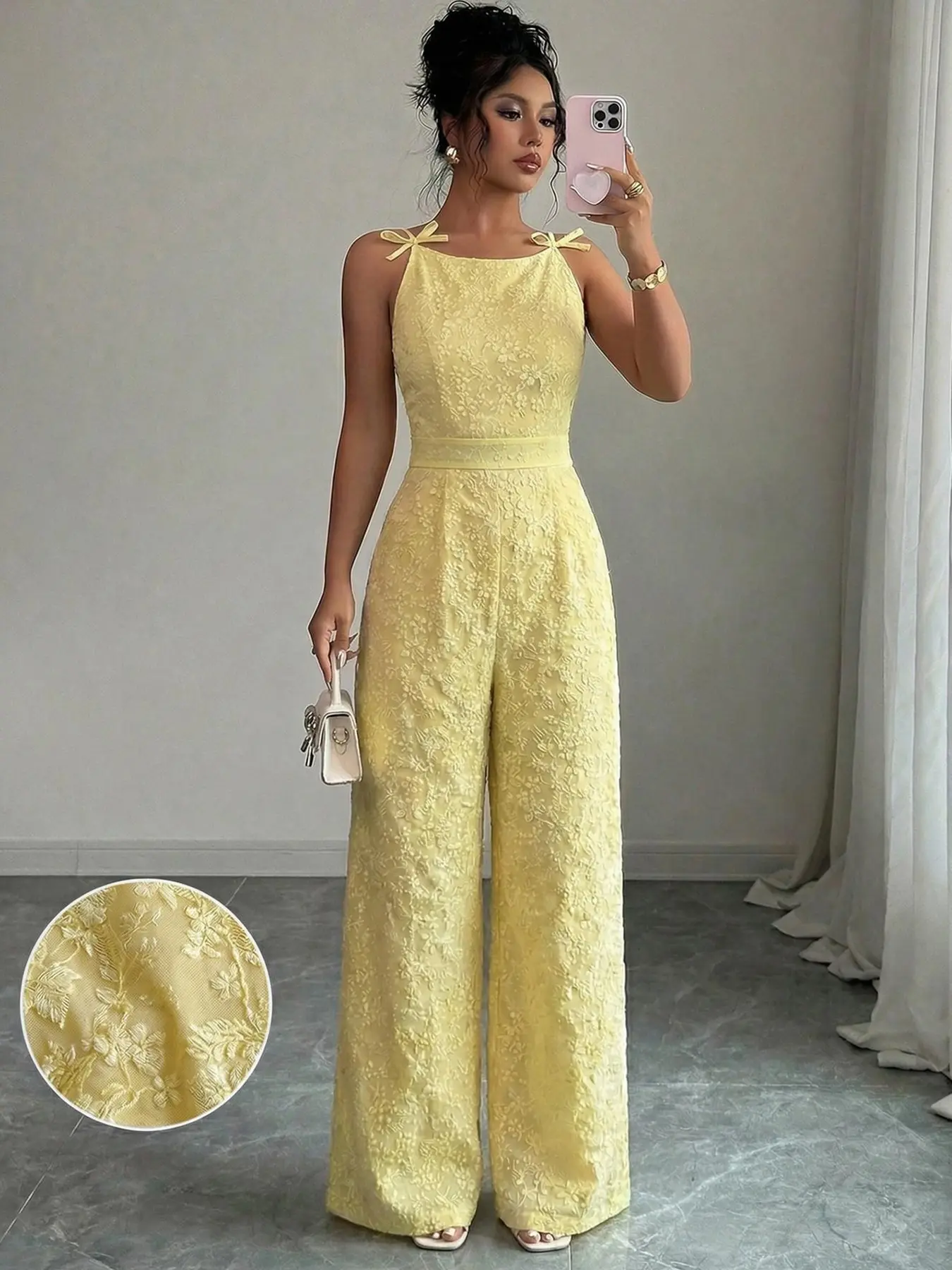 Elegant Women's Floral Party Club Cute Jumpsuit with Bow Shoulder Detail, Sleeveless, Slim-Fitting Wide Leg, Perfect for Daily Commute, Stylish and Comfortable, Elegant Fashion Jumpsuit, Womenswear