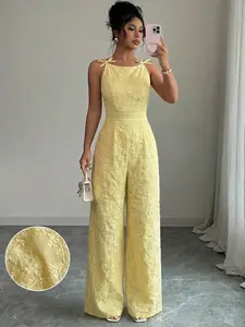 Elegant Women's Floral Jumpsuit with Bow Shoulder Detail, Sleeveless, Slim-Fitting Wide Leg, Perfect for Daily Commute, Stylish and Comfortable, Womenswear