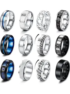 12 Pcs Silver Black Mens Rings Stainless Steel Matte Finish Polished Band Rings Set Chain Rings Celtic Rings Bottle Opener Rings Wedding Engagement Promise Ring Spinner Rings Stacking Statement Ring Set for Men