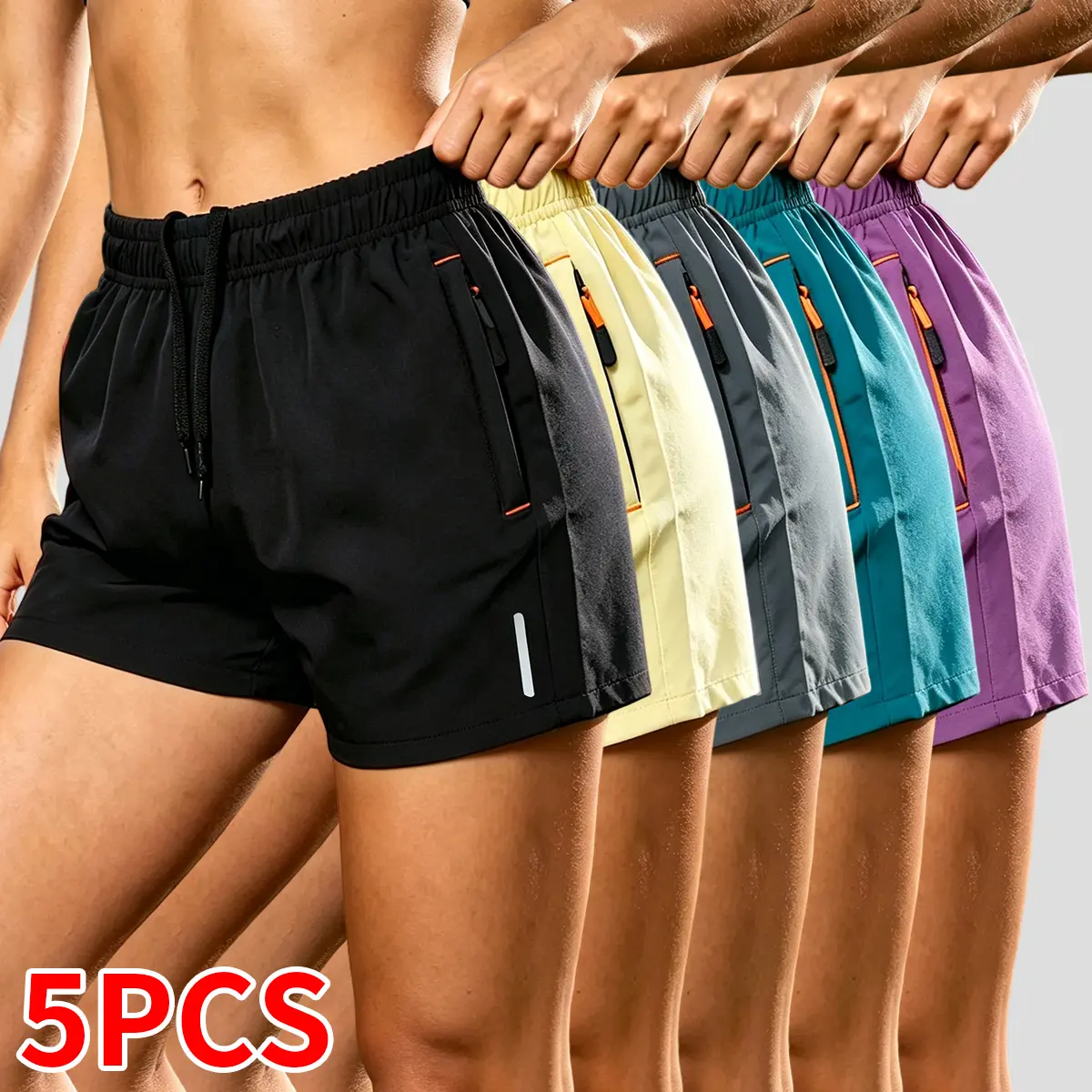 Set of 5 women’s athletic shorts: quick-drying, breathable, solid color, zippered pockets, elastic waistband—ideal for summer workouts, everyday wear at home, and more. Summer women’s shorts, women’s shorts. Summer vibe,summerwins,summeroutfits,vacationou
