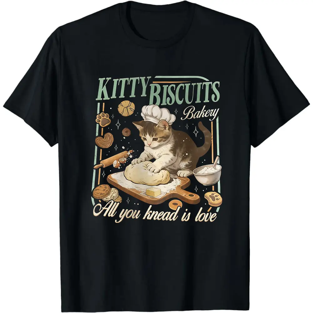 Kitty Biscuits Bakery Graphic Tee, Funny Cat Baker Shirt, All You Knead Is Love Top