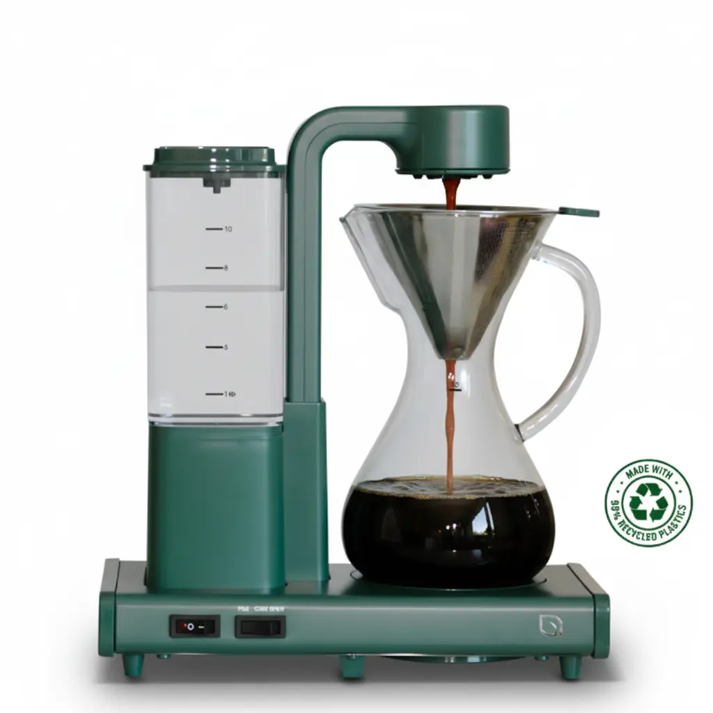 CookwithWillow Automatic Pour Over Coffee Maker with Glass Carafe & Drip Feature Brews Hot & Ice Coffee Eco-Friendly 99% Recycled Plastics Green Silicone