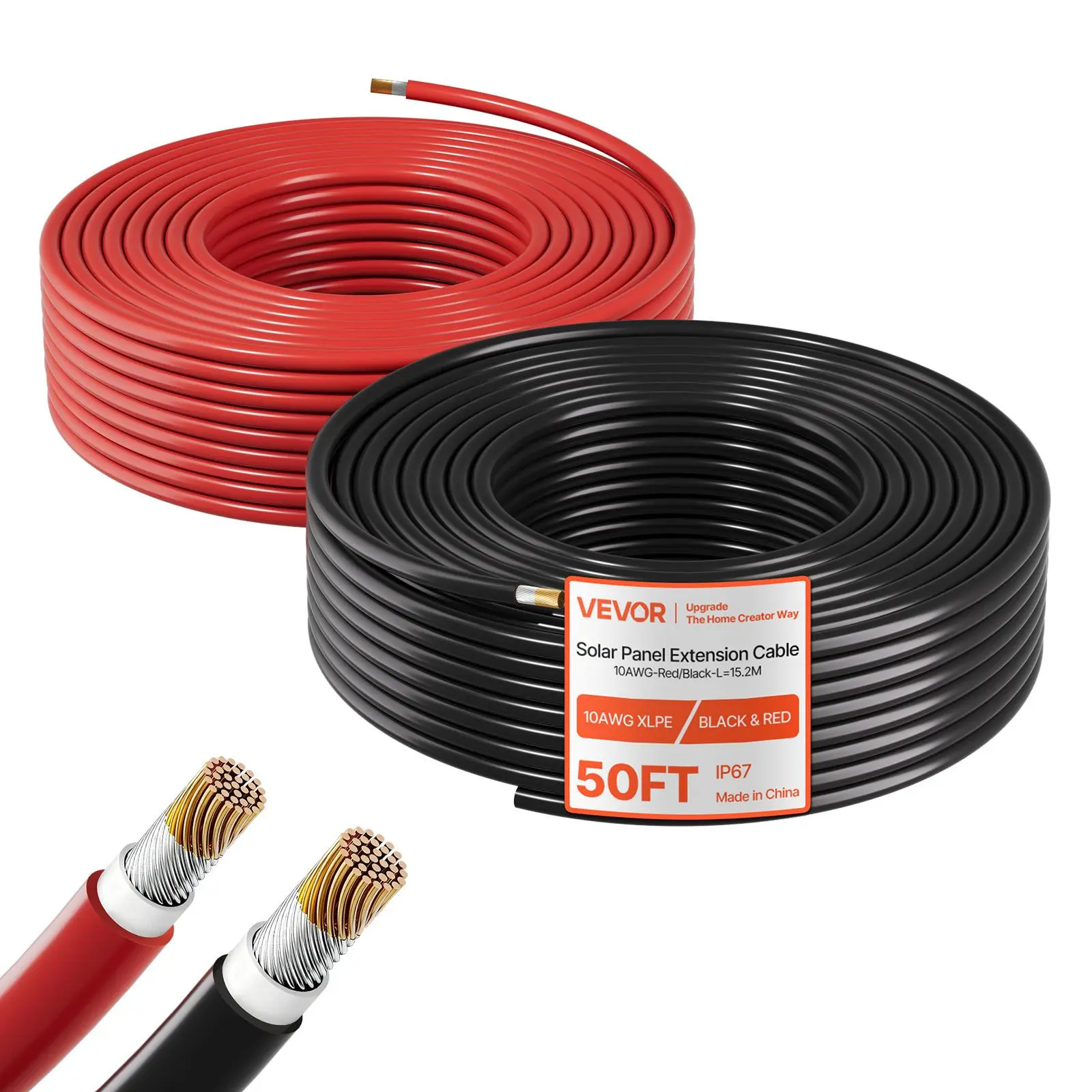 【summerfinds】VEVOR Solar Panel Wire, 50 ft Black + 50 ft Red Kit, 10 AWG (6 mm²) Solar Panel Extension Cable, PV Tinned Copper Wire, for Outdoor Home Off-Grid Photovoltaic Systems Automotive RV Boat Marine, IP67, Solar-Powered Solar Panels