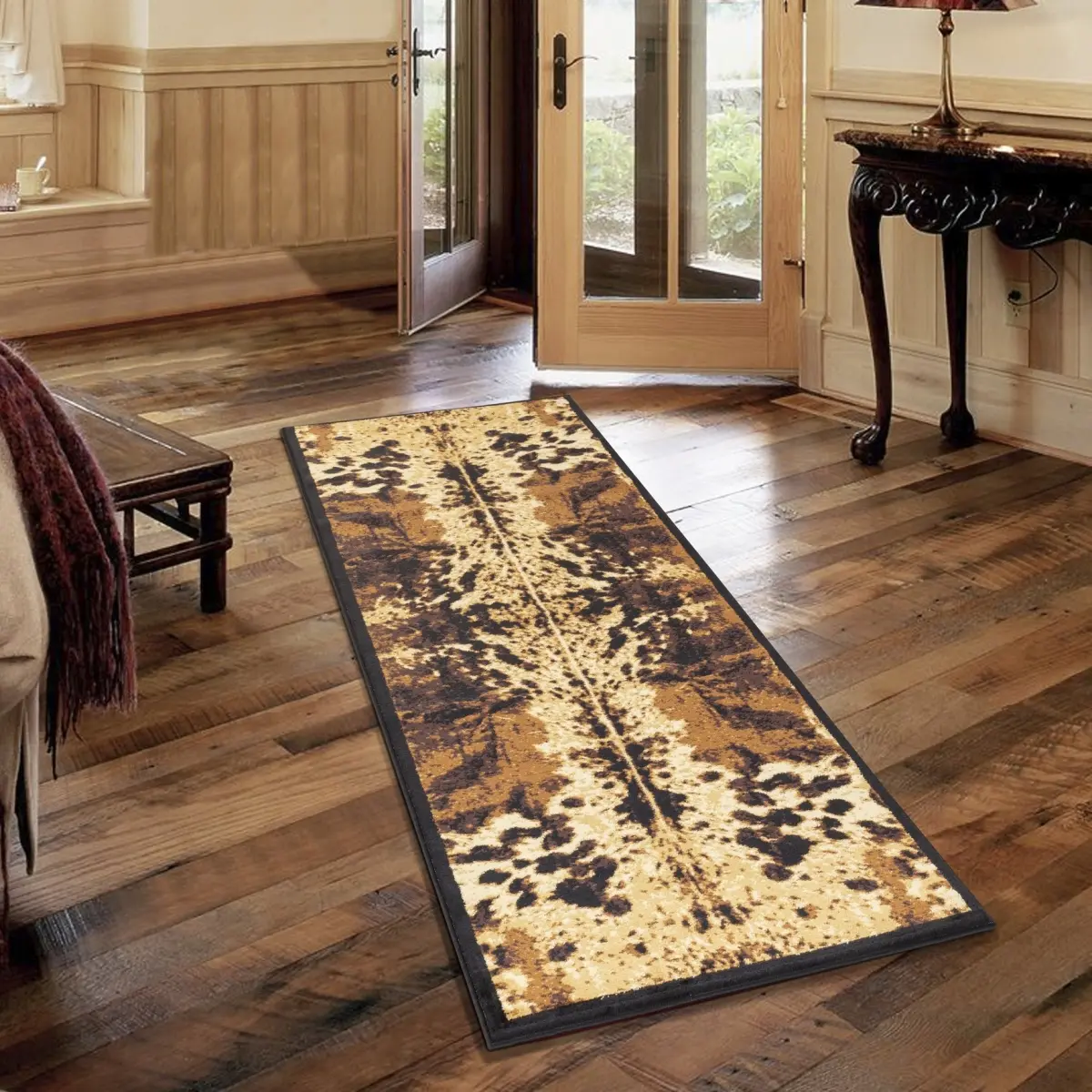 2'7" x 7'3" Machine-Made Cowhide Runner Rug - Black Yellowstone Pattern, Jute Backing, Luxury Decorative Design, Hallway Runners, Cozy Foundation for Everyday Moments