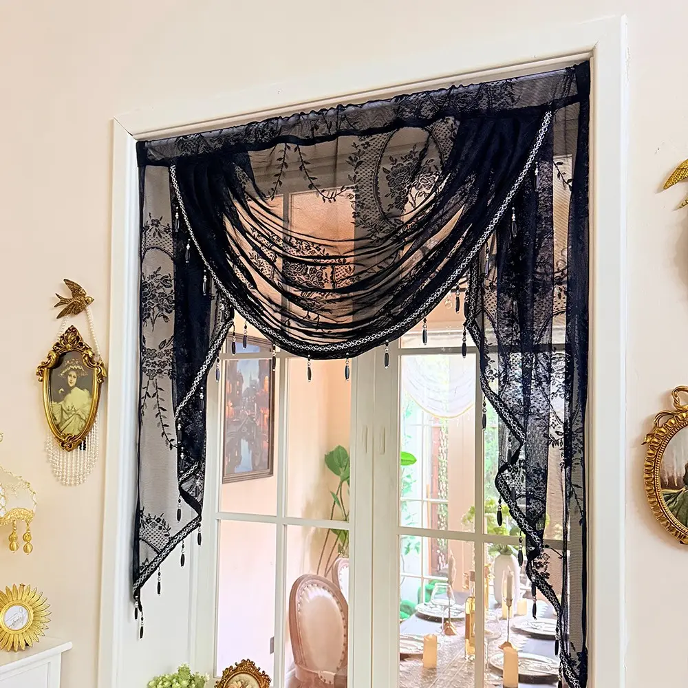 1pc Luxury Lace Semi-Transparent Window Curtain, Home Decorative Curtain, Vintage Floral Embroidery Crystal Fringe, No Drilling, French Country Style, Home Decoration Curtain