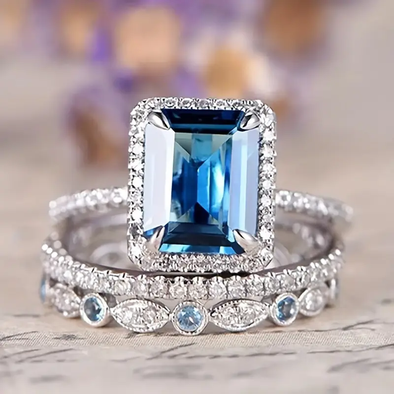 Elegant 3-Piece Stacking Square Ring Set, Engagement Wedding Band with an Inlaid Ocean Blue Stone for Her Interlocked Stackable Rings Stackable Shell Rings