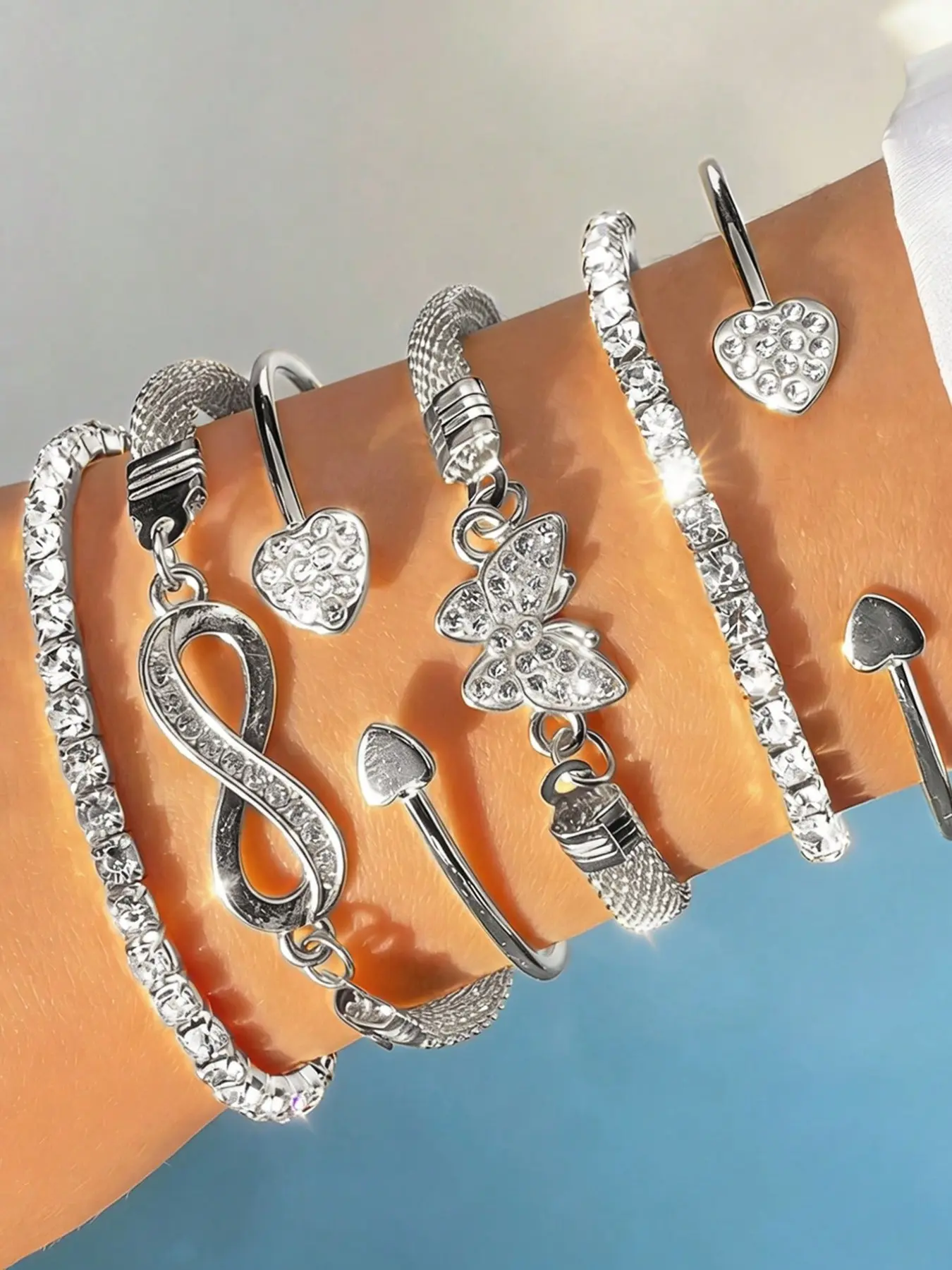 6pcs Luxury Fashion Minimalist Rhinestone Butterfly, Heart, Infinity Symbol Multi-Layer Stackable Bangle Bracelet Set, Mix Bracelets, Elegant Accessories For Women, Minimalist Bangles