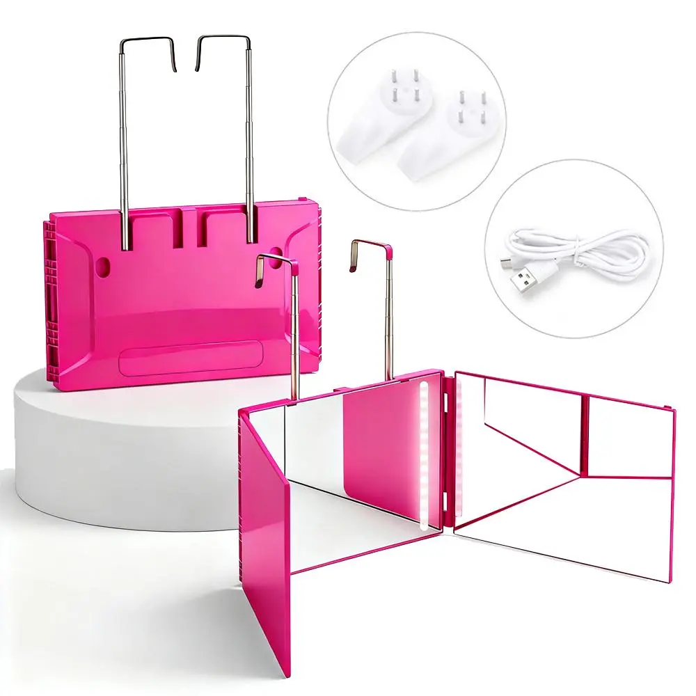 Tri-Folding LED Bathroom Vanity in Rose Red, Rechargeable & Magnifying ABS Makeup Light with 360° Rotation and Telescoping Hooks for Self-Styling, Led Bathroom Mirror, Tri Folding Mirror, Lighted Magnifying Mirror