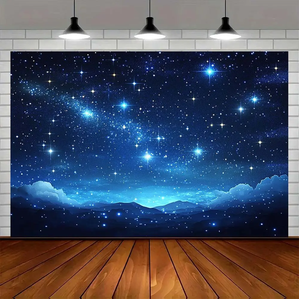 Durable Polyester Starry Night Magic Backdrop, 1-Piece Galaxy-Themed Banner with Star, Cloud, Mountain Prints for Indoor-Outdoor Parties, Weddings