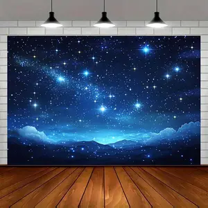 1-Piece Durable Polyester Starry Night Sky Backdrop, Magical Galaxy Theme with Star, Cloud & Mountain Prints for Indoor-Outdoor Parties, Weddings, Birthday Banners