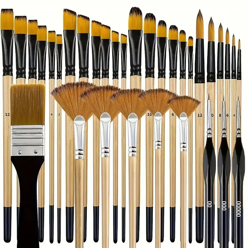 33-Piece Paintbrush Set, Painting, Nylon Brushes, Round & Fan-Shaped Design, Ideal for Artists & Beginners, Made in China, Wooden Handle, Tools, Painter Tool