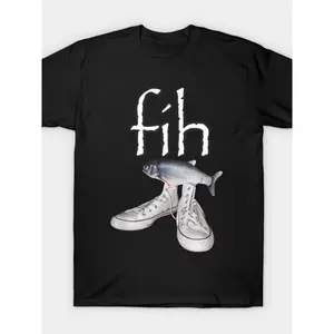 Fih Text & Fish On Shoes Graphic T-Shirt - Humorous & Quirky Meme-Inspired Crew Neck Tee