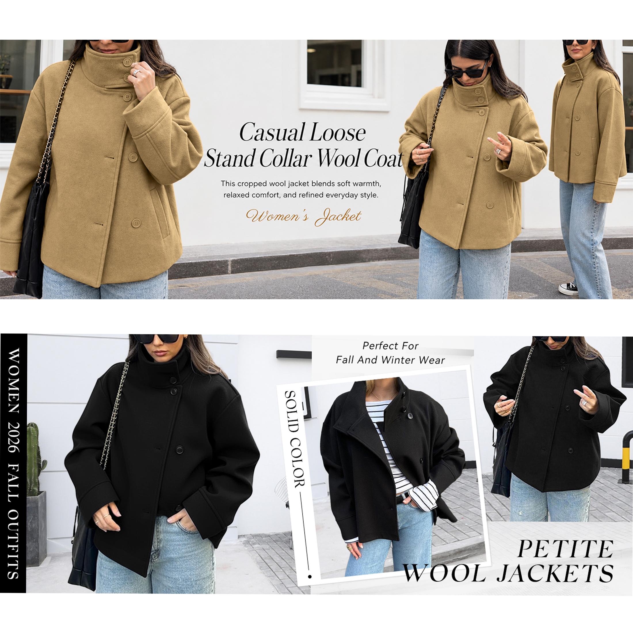 Buenoble Women Oversized Stand Collar Short Wool Blend Pea Coat Loose Double Button Minimalist Winter Casual Outerwear Jacket