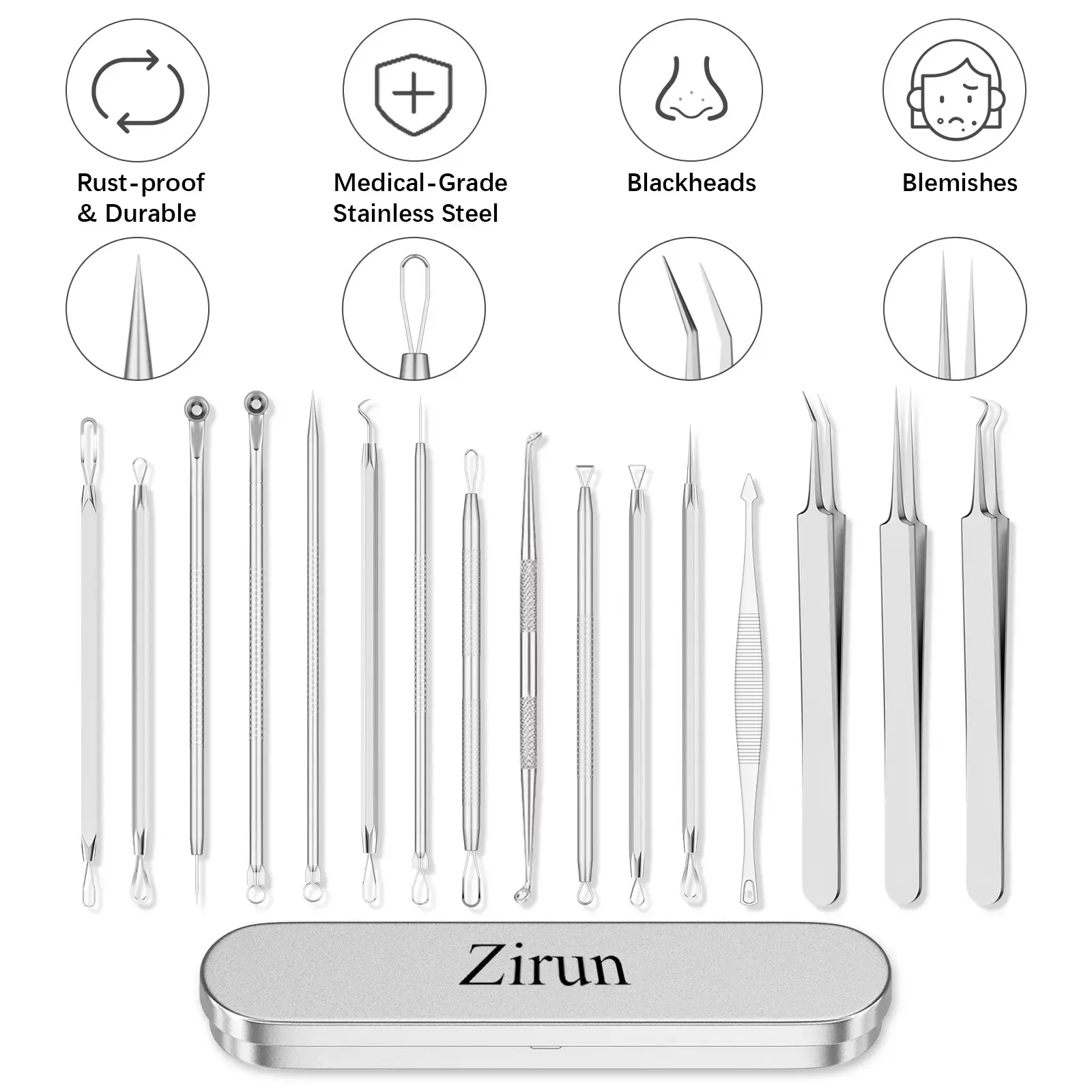 Zirun 15-Piece Pimple & Acne Needle Tool Set - 401 Premium Stainless Steel Allergy-Safe Metal Popper Kit for Adults, Stable Non-Slip Grip, Metal Carry Box, Tweezers, Lash Pickup Tool for Quick Pore Cleansing
