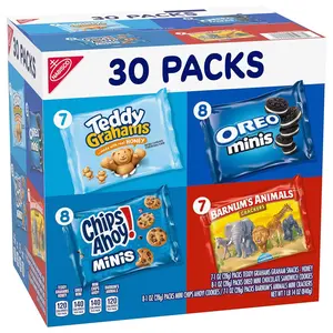 Nabisco Team Favorites Snacks Variety Pack, BARNUM'S Animal Crackers, TEDDY GRAHAMS, ​CHIPS AHOY! Minis, and OREO Minis Cookies, 30 Snack Packs