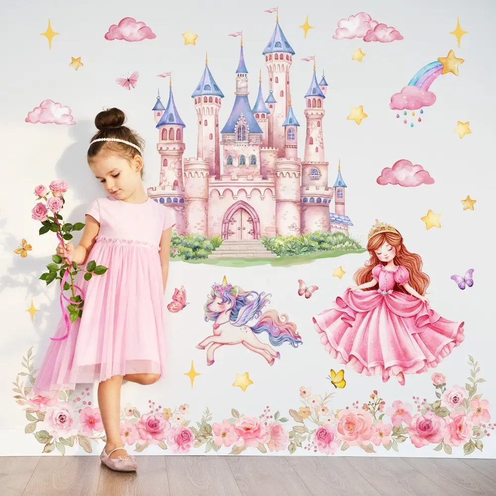 2D flat, one set (30*90cm*3pcs) hand-painted pink castle, flower, princess and unicorn cartoon Decorative wall stickers with new glossy oil and frosted technology for nursery, bedroom, home decoration, Cute wall decor
