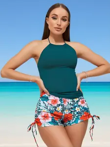 High Neck Tankini + Tropical Print Shorts - Side Tie Ruching Detail