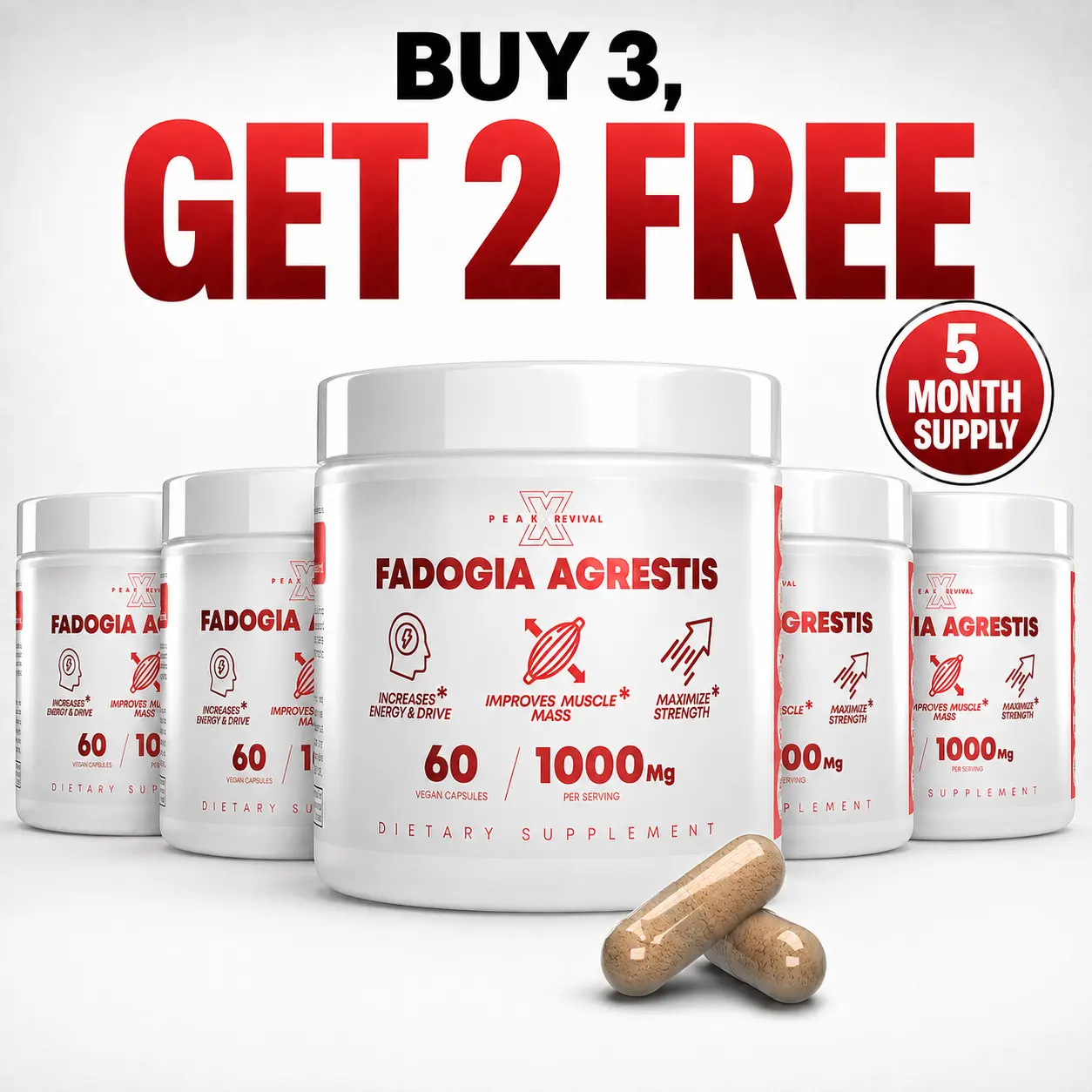 Peak Revival-X Half Year Transformation Rebuild Kit (5 Month Supply) - 300 capsules Total Unflavored Herbal Supplements, 1000mg Fadogia Agrestis Per Serving, Colostrum Added, Non-GMO, Gluten-Free Botanical Extracts for Adults' Fitness, Muscle Support, 300