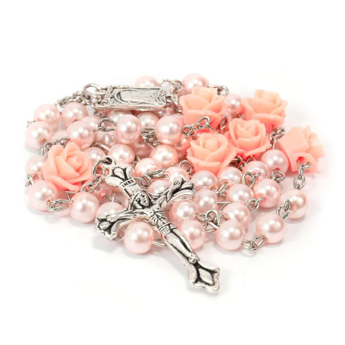 Catholic Beaded Pink Pearl Rosary Necklace - Rose Flowers, Lourdes Medal, Cross Medal - Meaningful Gifts for Daily Wear, Long Chain, Faith-Based Fashion, Cross Design Necklace, Beaded Necklaces
