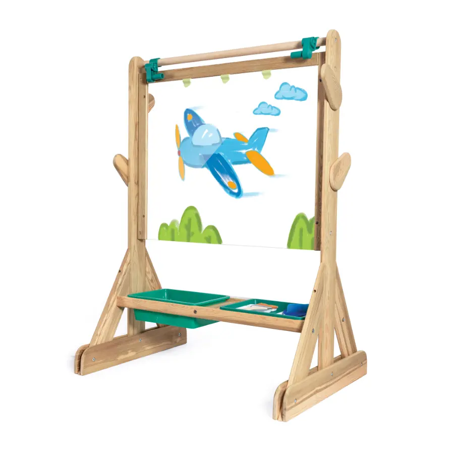 Hape Wooden Outdoor Easel - Durable Design Educational Art Supplies for Budding Artists 3+, with Natural Brushes, Anti-Corrosion Tools, Transparent Board, Nature-Inspired Creativity, Cooperative Play, Hape Paper Roll Compatible
