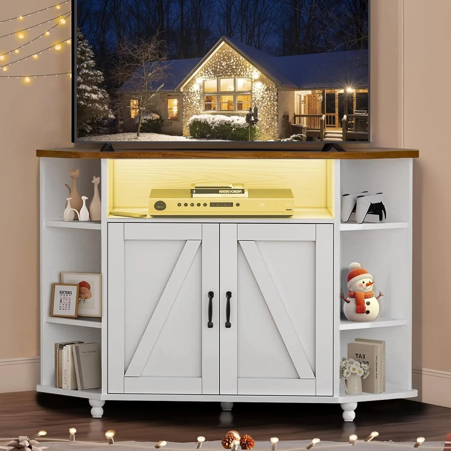 [SummerWins] HOMBCK Corner TV Stand for 50 Inch TV, Corner Entertainment Center with LED Lights and Adjustable Shelves, Farmhouse Corner TV Cabinet with Barn Doors for Living Room, White summer garden,fathers day gift ideas#home essentials#back to school