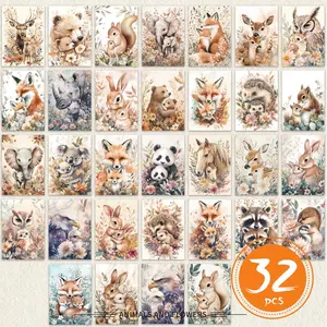 Animal Pattern Postcard, 32pcs/set Vintage Country Style Animal Postcard, Wall Decor Card, Message Card, Animal Postcard, Wall Decor Card