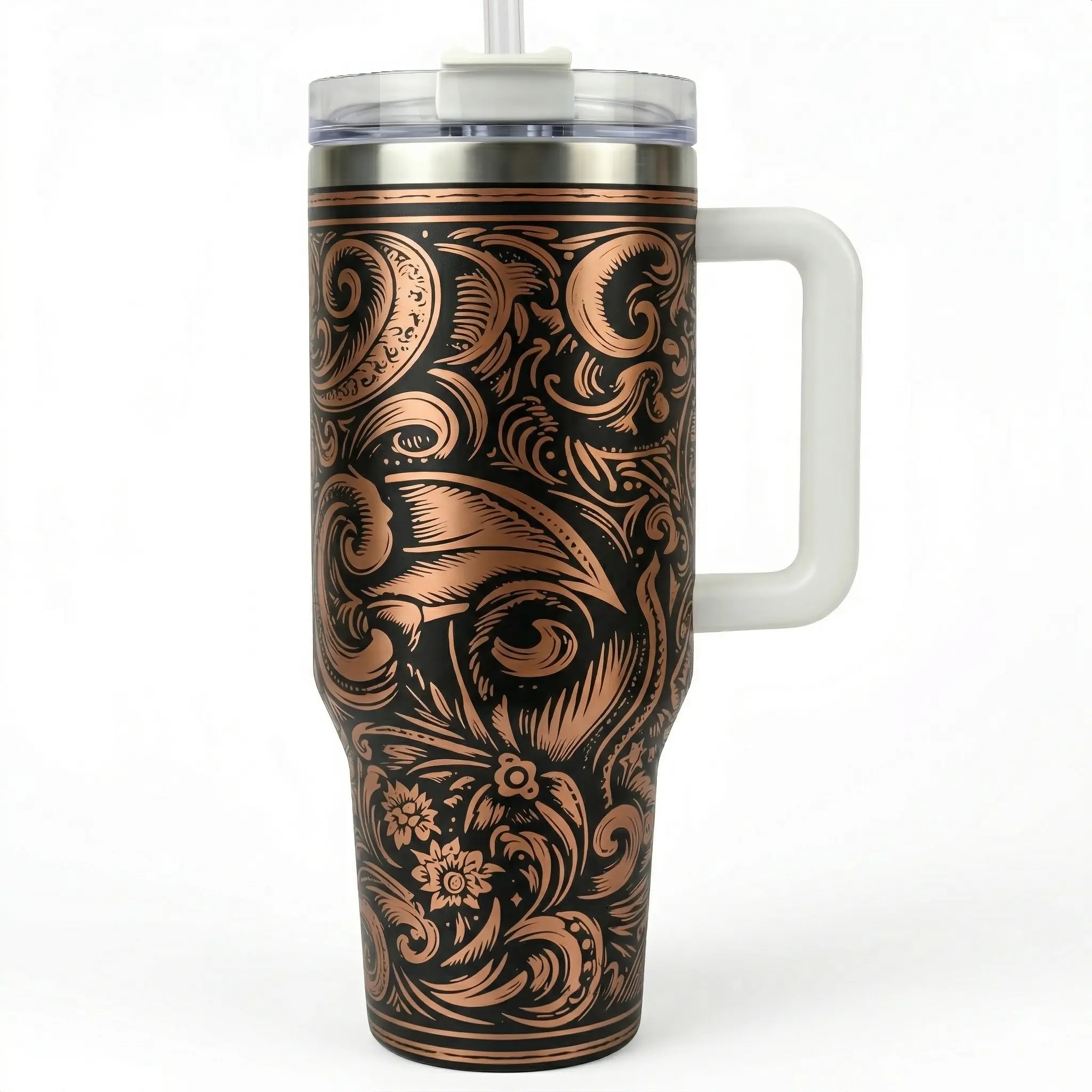 Western Rose 40 oz Double Wall Insulated Stainless Steel Tumbler Flask - Leakproof Lid, Floral Design, Lightweight, Straw-Included, Portable Durable Washable Reusable Drinkware, 5.9x4.5x11 Inches, Gifts for Women, Iced Coffee Use, Birthday Gift, Letters,